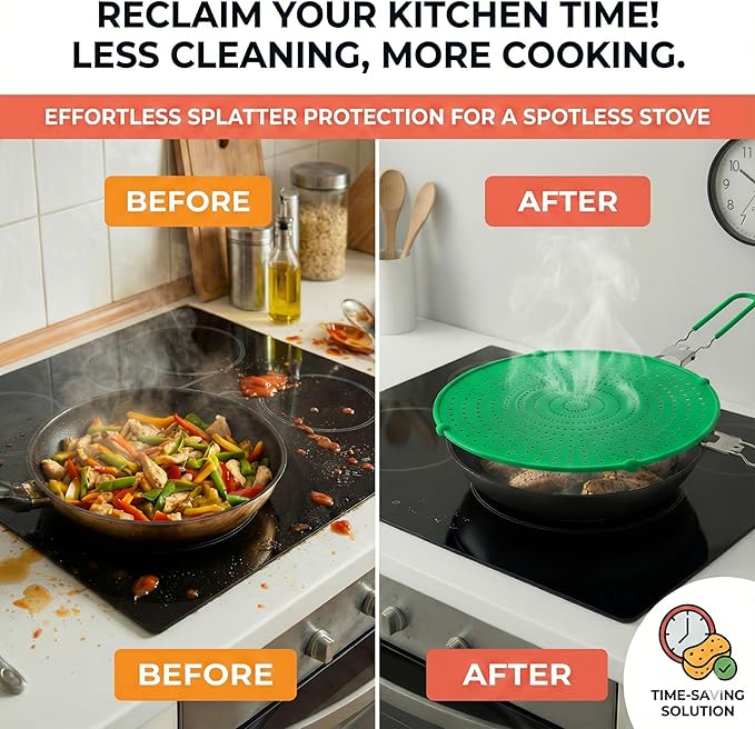 Silicone Splatter Screen for Frying Pan, 13” Green – Grease & Oil Splatter Guard, Heat Resistant, Dishwasher Safe, Foldable Handle with Sleeves – Splash Guard Fits 10–12” Pans, Most 13” Skillets - Image 2