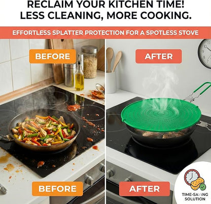 Silicone Splatter Screen for Frying Pan, 13” Green – Grease & Oil Splatter Guard, Heat Resistant, Dishwasher Safe, Foldable Handle with Sleeves – Splash Guard Fits 10–12” Pans, Most 13” Skillets - Image 2