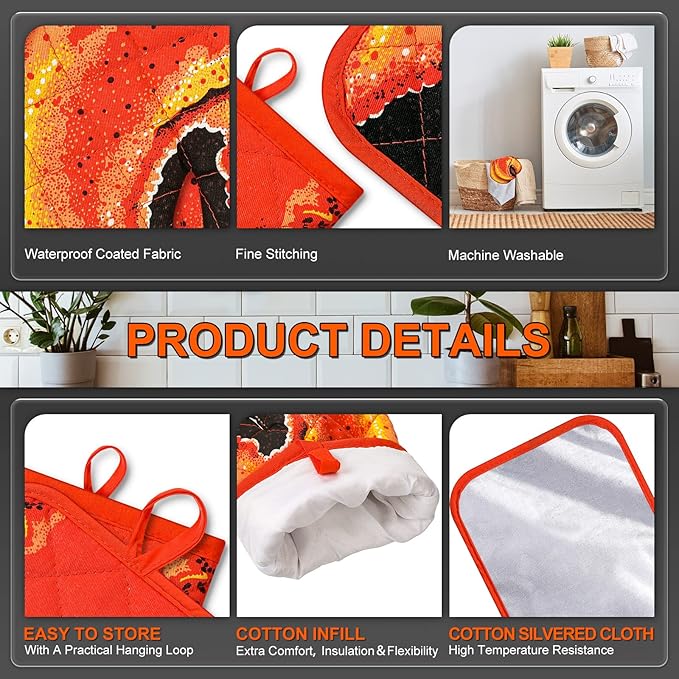 4 Pcs Lobster Claw Oven Mitts and Pot Holders Quilted Cotton Lining Design Heat Resistant Oven Gloves Set with Poth Holder Microwave Gloves Safe for Baking Cooking Barbecue - Image 3