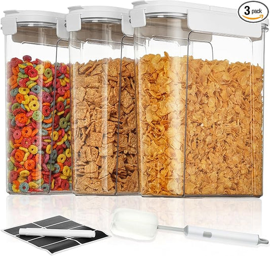 Vtopmart Cereal Containers Set, 3 PCS Airtight Food Storage Container with Flip-Top Lids, Plastic Organizer Dispenser for Kitchen, Pantry Organization (135.2oz/4L)