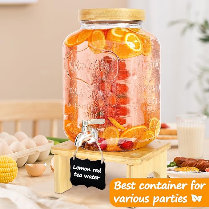 2 Gallon Drink Dispenser with Stand，Glass Beverage Dispenser With Wood Stand, 18/8 Stainless Steel Spigot and Labels Large Water Drink Dispensers for Parties, Lemonade,Juice, Tea - Image 2
