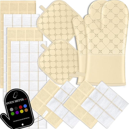 Oven Mitts Kitchen Towels Dishcloths with Pot Holders Sets 12PCS, Dish Towels Sets, Oven Gloves Pot Pads Heat Resistant 500 Degrees with Non-Slip Silicone Surface for Cooking Baking Grilling-Beige by BSKSSK