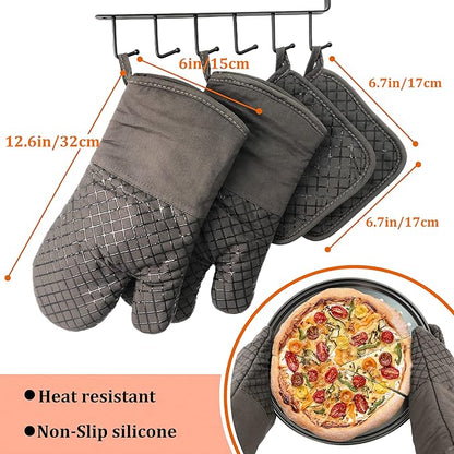 4 Pcs Oven Mitts and Pot Holders,500°F High Heat Resistant Kitchen Oven Mitts with Pot Holders,Long Oven Mitts with Recycled Cotton Infill and Silicone Non-Slip Surface for Baking and Cooking(Grey) - Image 2