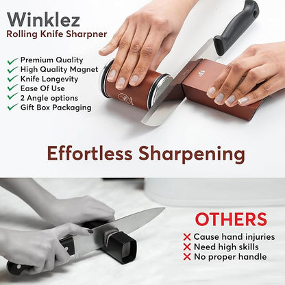 Rolling Knife Sharpener with Diamond and Ceramic Discs, Kitchen Knife Sharpener with 15° & 20° Magnetic Angles, Strong Knife Sharpening Kit (Brown) - Image 7