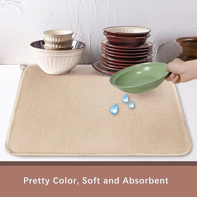 Dish Drying Mats for Kitchen Counter, 2 Pack Dish Drying Pads Dish Rack Mat Drying Pink Kitchen Mat (Beige-2) - Image 4