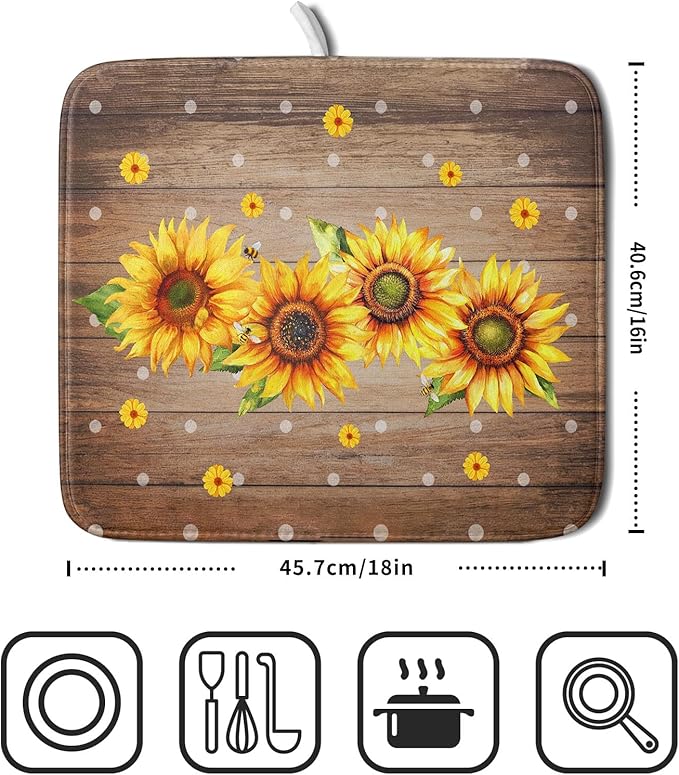 Summer Sunflower Bee Dish Drying Mat for Kitchen Counter,Rustic Yellow Flowers White Polka Dots Drying Mat 16 x 18 Inch with Absorbent Reversible Microfiber Drying Pad for Coffee Bar - Image 2