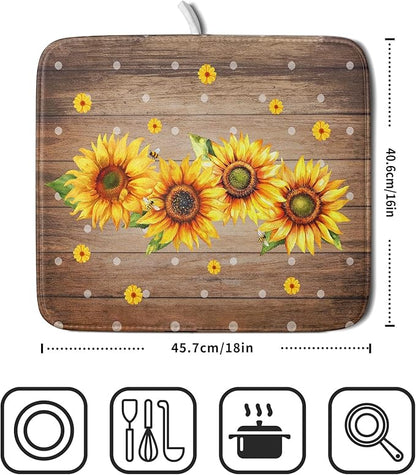 Summer Sunflower Bee Dish Drying Mat for Kitchen Counter,Rustic Yellow Flowers White Polka Dots Drying Mat 16 x 18 Inch with Absorbent Reversible Microfiber Drying Pad for Coffee Bar - Image 2