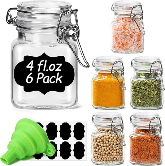 ComSaf Set of 6 Square Glass Spice Jars with Airtight Lids (4 Oz), Mini Favor Jars with Wire Clamp for Honey, Herbs & Farmhouse Kitchen Pantry Organization, with Funnel & Labels by ComSaf