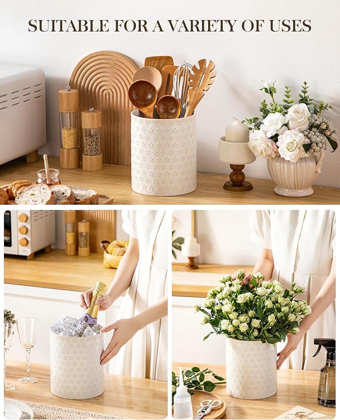 MALACASA LYDIA Ceramic Utensil Holders, 7.3"+5.5" Kitchen Utensil Crock Set for Countertop, Large & Small Utensil Organizers for Cooking Tools, Five-Leaf Grass Pattern - Image 5
