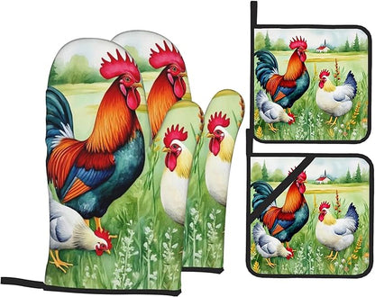 Oven Mitts and Hot Pads Set - Farmhouse Rooster Design, Heat Resistant Cute Pot Holders for Kitchen, Baking Gifts for Women