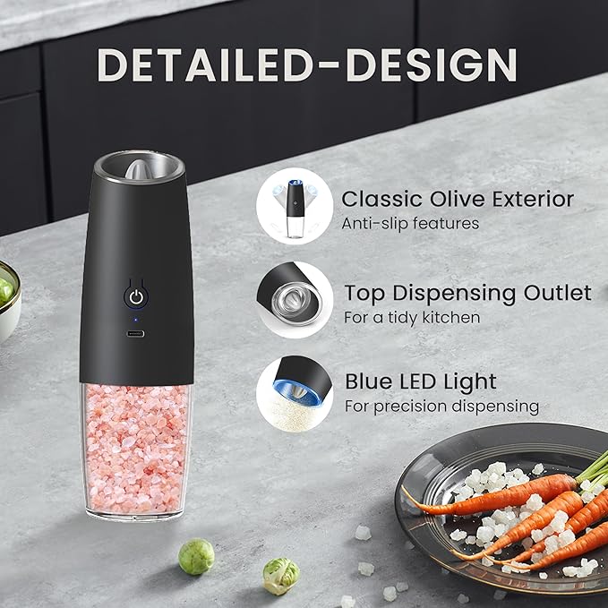 Rechargeable Salt And Pepper Grinder with LED Light, Automatic Electric Gravity Salt And Pepper Shakers, No Battery Needed, Adjustable Roughness, 1 Pack (Black) - Image 5