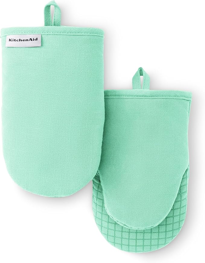 KITCHENAID Gourmet Series Gridlines Mini Oven Mitts 2-Pack Set, Heat Resistant up to 600°F, Soft Silicone Grip, Magnetic Cuff, Color of The Year, Spearmint, 5.5"x9" by KitchenAid