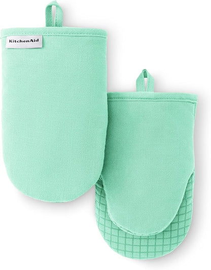 KITCHENAID Gourmet Series Gridlines Mini Oven Mitts 2-Pack Set, Heat Resistant up to 600°F, Soft Silicone Grip, Magnetic Cuff, Color of The Year, Spearmint, 5.5"x9" by KitchenAid