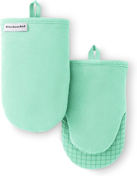 KITCHENAID Gourmet Series Gridlines Mini Oven Mitts 2-Pack Set, Heat Resistant up to 600°F, Soft Silicone Grip, Magnetic Cuff, Color of The Year, Spearmint, 5.5"x9" by KitchenAid