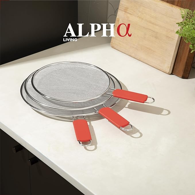 Alpha Living 60134ST Set of 3 Splatter Screens – 13", 11.5", and 9.5" Stainless Steel Fine Mesh, Comfort Grip Handles – Grease & Oil Guard for Frying Pans, Boiling Pots, Safe Cooking Lid Set of 3 - Image 3