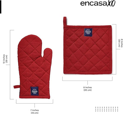 Encasa XO Heat Resistant 100% Cotton Oven Glove & Potholder Set with Loop, Kitchen Cooking Mittens, Microwave Safe Hot Pads (Red)