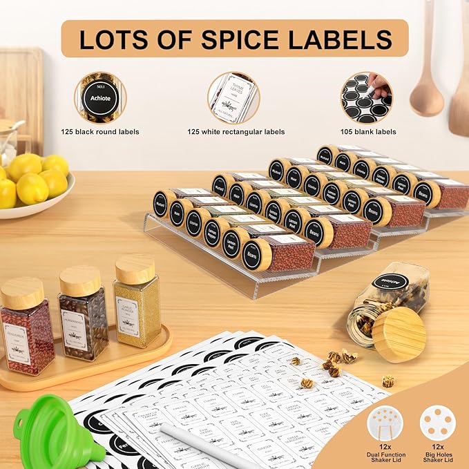 24 Spice Jars with Spice Drawer Organizer, 355 Spice Labels, 2 Pack Expandable From 11'' to 21'' Acrylic Spice Rack for Drawer, Seasoning Containers Storage Organization for Kitchen Cabinet Countertop - Image 4