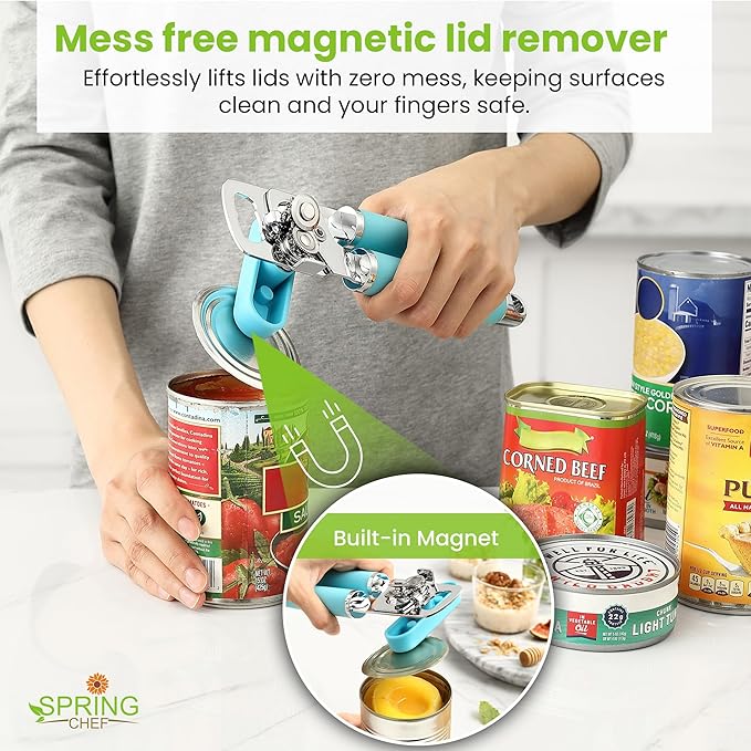 Spring Chef Stainless Steel Can Opener - Manual with Soft Grip Handles, Easy Turn, Heavy Duty Hand Can Openers for Seniors with Smooth Edge - Magnetic Lid Remover - Aqua Sky - Image 5