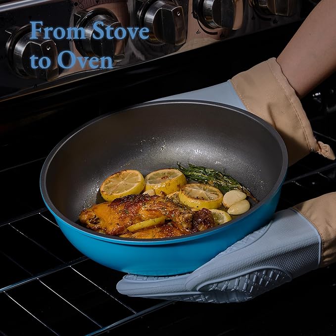 CAROTE 21pcs Pots and Pans Set, Nonstick Cookware Set Detachable Handle, Induction Kitchen Cookware Sets Non Stick with Removable Handle, RV Cookware Set, Peacock Blue - Image 5