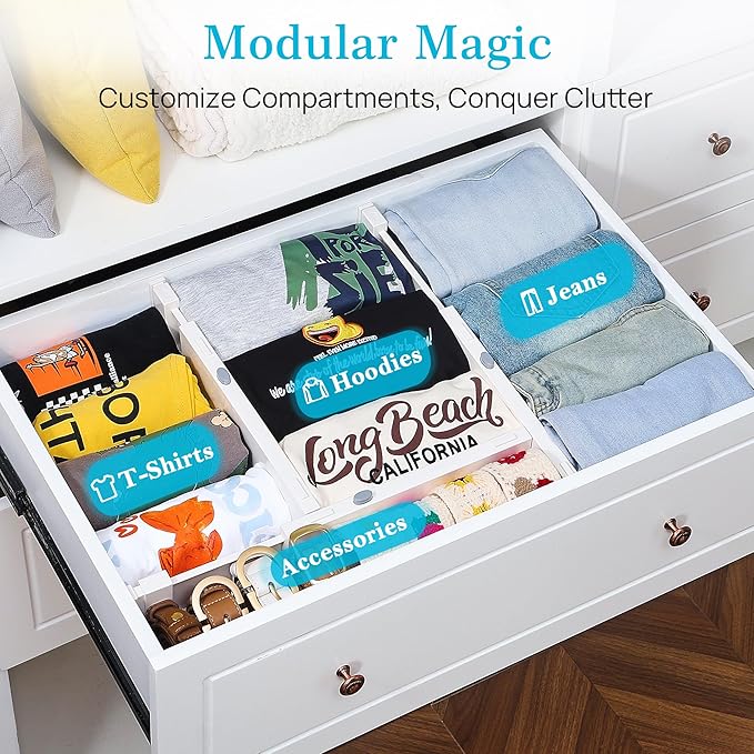 Vtopmart 6 Pack Drawer Dividers for Clothes, 4" High 11.3"-17" Adjustable Expandable Dresser Drawer Organizer, Plastic Drawers Separators for Dresser, Baby Clothes, Underwear, Kitchen & Office Storage - Image 3
