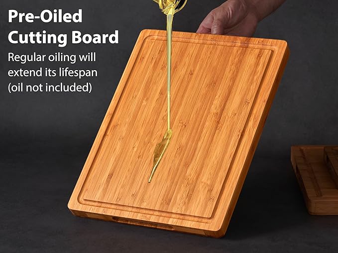 Allsum Carbonized Bamboo Wood Cutting Boards for Kitchen, 1” Thick Wooden Butcher with Juice Grooves and Handles, Cute Cheese Charcuterie Boards as a Gift for Chef, Family, 3 Pack - Image 6