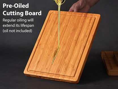 Allsum Carbonized Bamboo Wood Cutting Boards for Kitchen, 1” Thick Wooden Butcher with Juice Grooves and Handles, Cute Cheese Charcuterie Boards as a Gift for Chef, Family, 3 Pack - Image 6