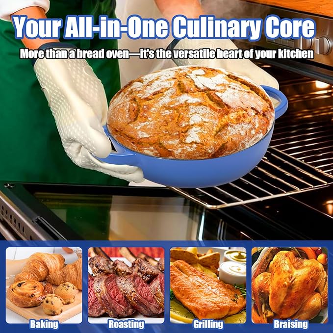 6QT Enameled Cast Iron Dutch Oven for Bread Baking – Sourdough Starter Kit with Cotton Basket, Bread Sling, Lame, Brush & Handle Cover – Multi-Purpose Pot for Baking, Frying, Braising – Blue