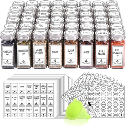 SWOMMOLY 48 Glass Spice Jars with 806 White Spice Labels, Chalk Marker and Funnel Complete Set. Empty Square Spice Bottles 4 oz, Spice Containers with Pour/sift Shaker Lid, Airtight Cap by SWOMMOLY