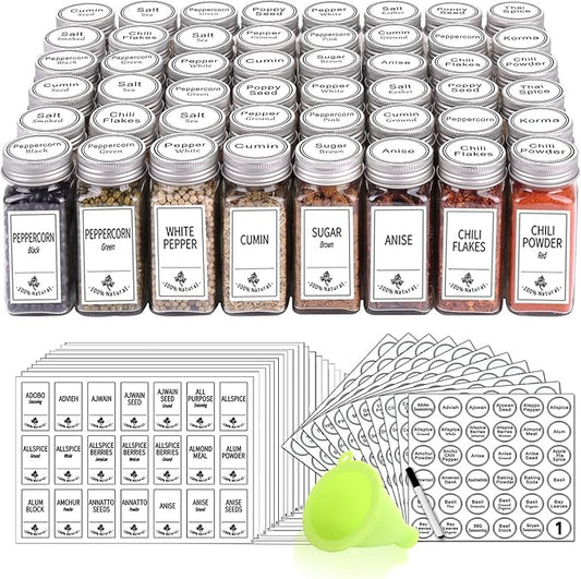 SWOMMOLY 48 Glass Spice Jars with 806 White Spice Labels, Chalk Marker and Funnel Complete Set. Empty Square Spice Bottles 4 oz, Spice Containers with Pour/sift Shaker Lid, Airtight Cap by SWOMMOLY
