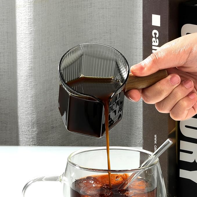Joeyan 4 oz Grey Double Spouts Measuring Triple Pitcher Milk Cup with Wood Handle,Ribbed High Borosilicate Glass Measuring Cup, Espresso Shot Glasses - Image 4