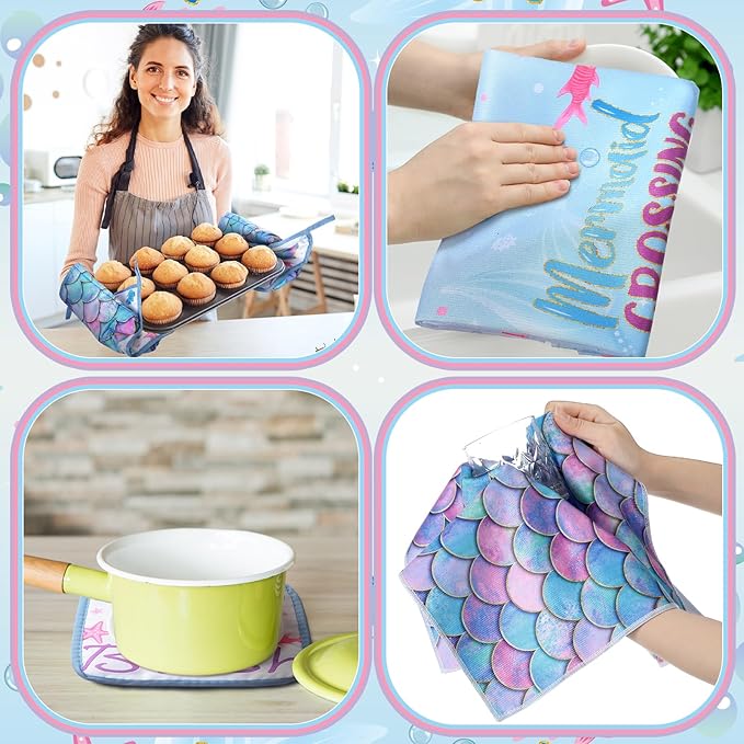 Fourluoo 10 Pcs Mermaid Kitchen Dish Towels Rugs Oven Mitts and Pot Holders Set Farmhouse Kitchen Decor Set for Women Mom Daughter Gift Cooking Baking Grilling