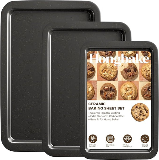 HONGBAKE Ceramic Baking Sheet Pan Set, Cookie Sheet for Oven, Bakeware Sets with Wider Grips, 3 Pack Half/Jelly Roll/Quarter Baking Tray, Premium, Dishwasher Safe - Dark Grey by HONGBAKE