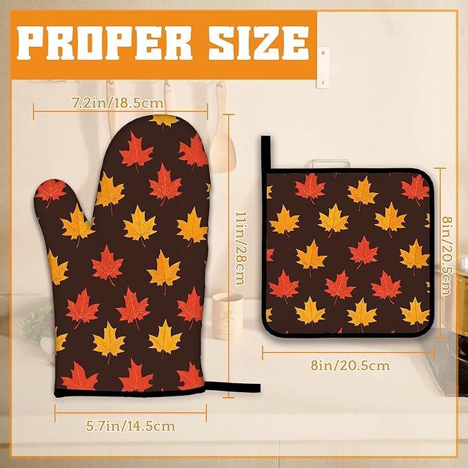 Maple Leaf Oven Mitts and Pot Holders Set,Autumn Kitchen Decor Heat Resistant Non Slip Hot Pads and Oven Mitt for Chef Cooking Baking BBQ Mom Girl Gifts(4 Piece Set)