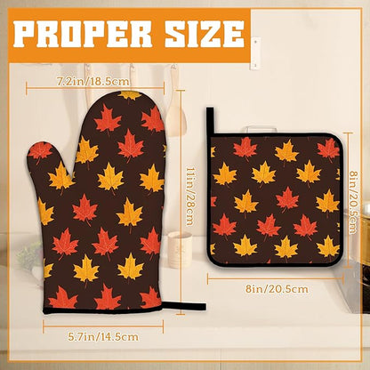 Maple Leaf Oven Mitts and Pot Holders Set,Autumn Kitchen Decor Heat Resistant Non Slip Hot Pads and Oven Mitt for Chef Cooking Baking BBQ Mom Girl Gifts(4 Piece Set)