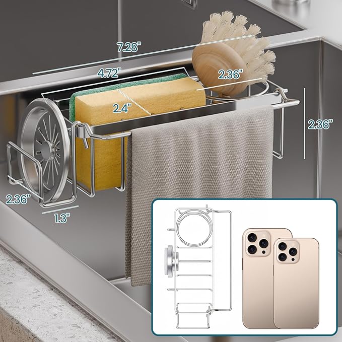 TAILI Sponge Holder with Strong Suction Cup, 4-in-1 Rustproof Sink Organizer - Sink Caddy Holds Sponges, Brushes, Stoppers & Scrapers -Silver - Image 2