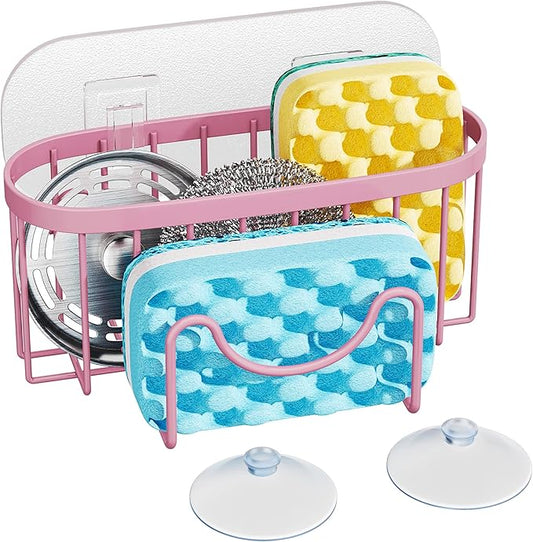 HapiRm Sponge Holder for Kitchen Sink - Sink Caddy with Unique M-Shaped, 2 Installation Methods Kitchen Organizer, Rustproof Stainless Steel Sponge Caddy - Pink by HapiRm
