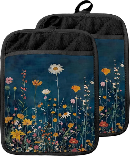 Moody Blue Wildflower Pot Holders with Pockets, Dark Cottagecore Floral Botanical Oven Pot Holders Heat Resistant Oven Mitts Hot Pads for Kitchen Baking Cooking