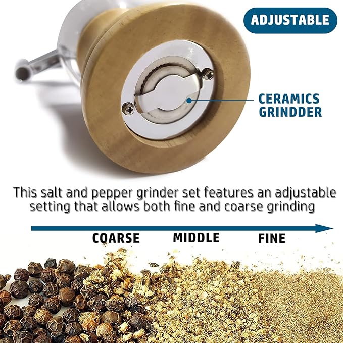 Salt and Pepper Grinder Set Manual Pepper Mill Set Classical Hand Shake Wooden Salt Mill Acrylic Ceramic Blades Upgrade Metal Handle, Enjoy Pepper Salt Various Spices (Burlywood 2pcs-5in)
