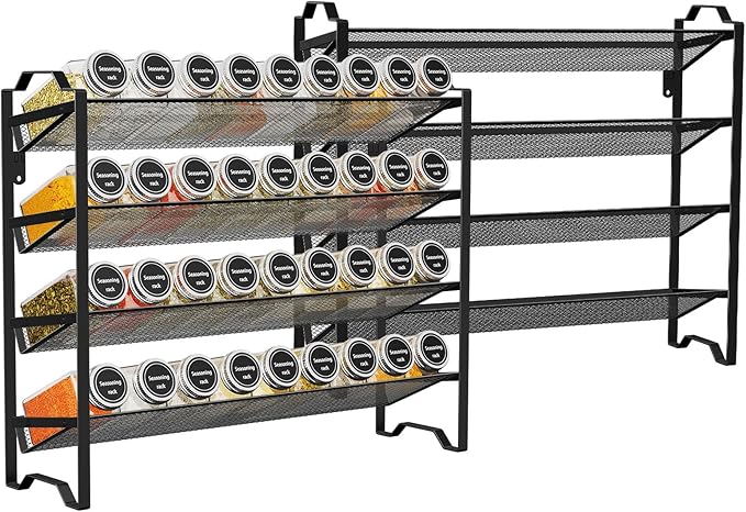 Simple Trending 2 Pack 4 Tier Spice Rack Organizer,Stackable Kitchen Counter Shelves,for Cabinet,Countertop,Pantry, Door or Wall Mount, Metal Mesh,Jars not Included, Black by SimpleTrending
