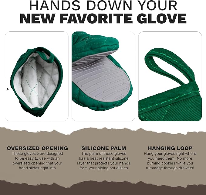 Oven Mitts Heat Resistant – (Green) Mini Oven Mitts, Silicone Gloves Heat Resistant, Kitchen Gloves for Cooking, Silicone Oven Mitts & Pot Holders Sets, Kitchen Pot Holders & Oven Mitts Sets