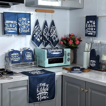 12 Pcs Farmhouse Kitchen Decor Sets 4 Blue Kitchen Hand Towels 4 Dish Clothes 2 Navy Blue Pot Holders 2 Rustic Oven Mitts Glove Hand Towels and Dishcloths Sets for Home Decor Accessories Mom Gift