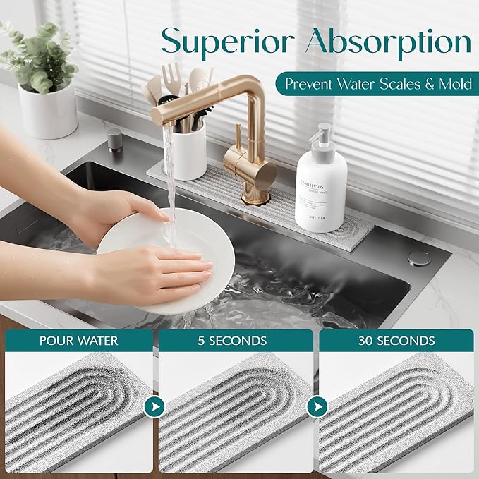 Stone Faucet Mat for Kitchen Sink, Diatomite Stone Drying Mat for Kitchen Counter, 2026 Upgraded Dishwasher-Safe & Ultra Absorbent, Chemical-Free Stone Dish Mat for Bottles Utensils (20" x 3.9") - Image 5