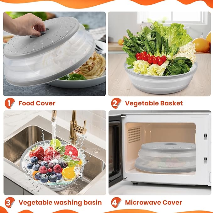 Large Collapsible Microwave Cover for Food, 12.2inch Microwave Splatter Cover, Microwave Plate&Dish Cover with Easy Grip Handle, BPA-free, Dishwasher Safe (Light Grey) - Image 4