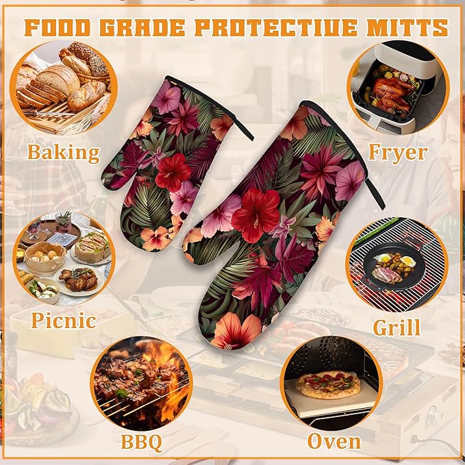 Tropical Palm Leaf Oven Mitts and Pot Holders Set,Hibiscus Kitchen Oven Gloves and Pot Holder with Heat Resistant Non Slip for Cooking Baking Grilling(4 Piece Set)