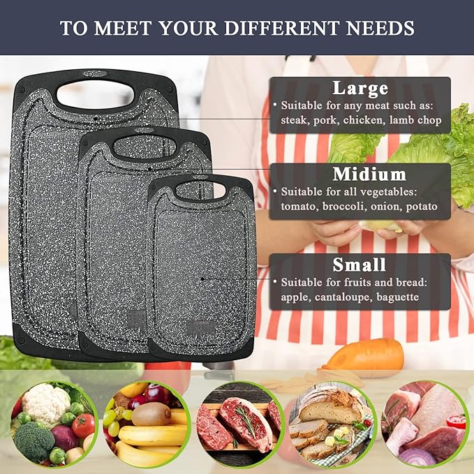 Plastic Cutting Board, 3 Pieces Dishwasher Safe Cutting Boards with Juice Grooves, Easy Grip Handle, Non-Slip, with Grinding Area for Grinding Garlic and Ginger（Dark Grey, XL） - Image 5