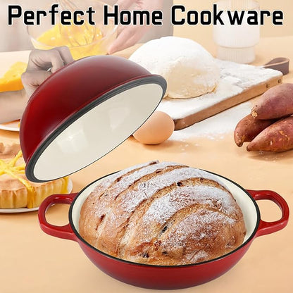 Enameled Cast Iron Bread Oven, Dutch Oven Pot with Lid, 10" Bread Dutch Oven for Sourdough Bread Baking, 6 Quarts Bread Pan with Dome Lid, Non-stick Cookware for Homemade Bread, Red
