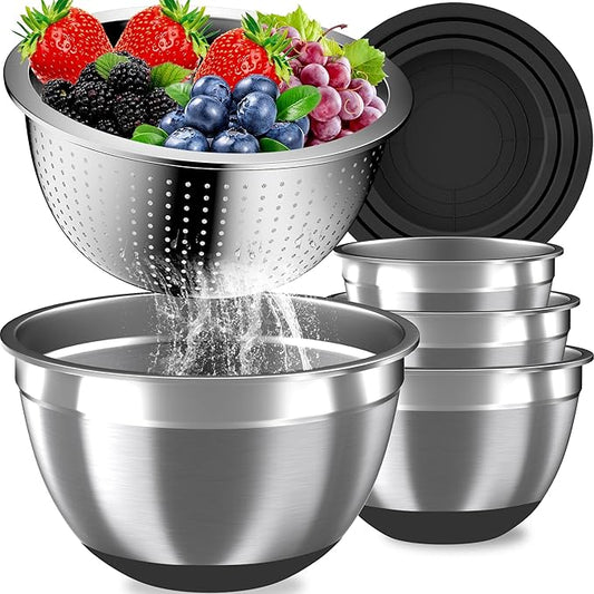 Mixing Bowls with Airtight Lids Set, 4 Stainless Steel Bowls Nesting Bowls & Colander, Kitchen Organizers and Storage Non-Slip Bottom, Size 1.5/2.0/2.5/4.5QT, Great for Mixing & Serving, Black by AUFETQ