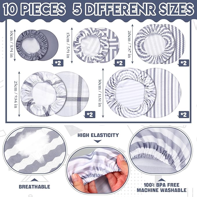 10 Pack Cloth Bowl Covers for Bread Rising - 5 Size Stretch Elastic Food Storage Container Lids - Reusable Cotton Fabric Covers for Food, Fruits, Leftovers (Fresh)