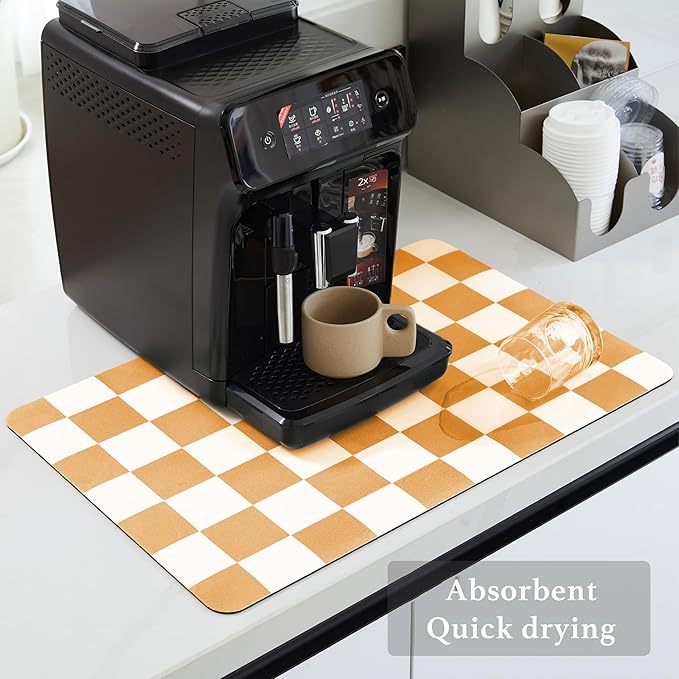 Ohocut Checkered Dish Drying Mat for Kitchen Counter, Coffee Bar Station Accessories, Retro Cute Aesthetic Modern Absorbent Drainer Mat Kitchen Drying Mat Easy Clean, Orange 16" x 24" - Image 4