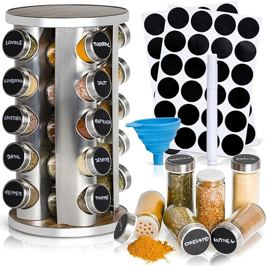 Oak Marketplace 20 Jar Rotating Spice Rack Organizer – Stainless Steel Revolving Countertop Spice Rack with 20 Glass Spice Jars and Labels